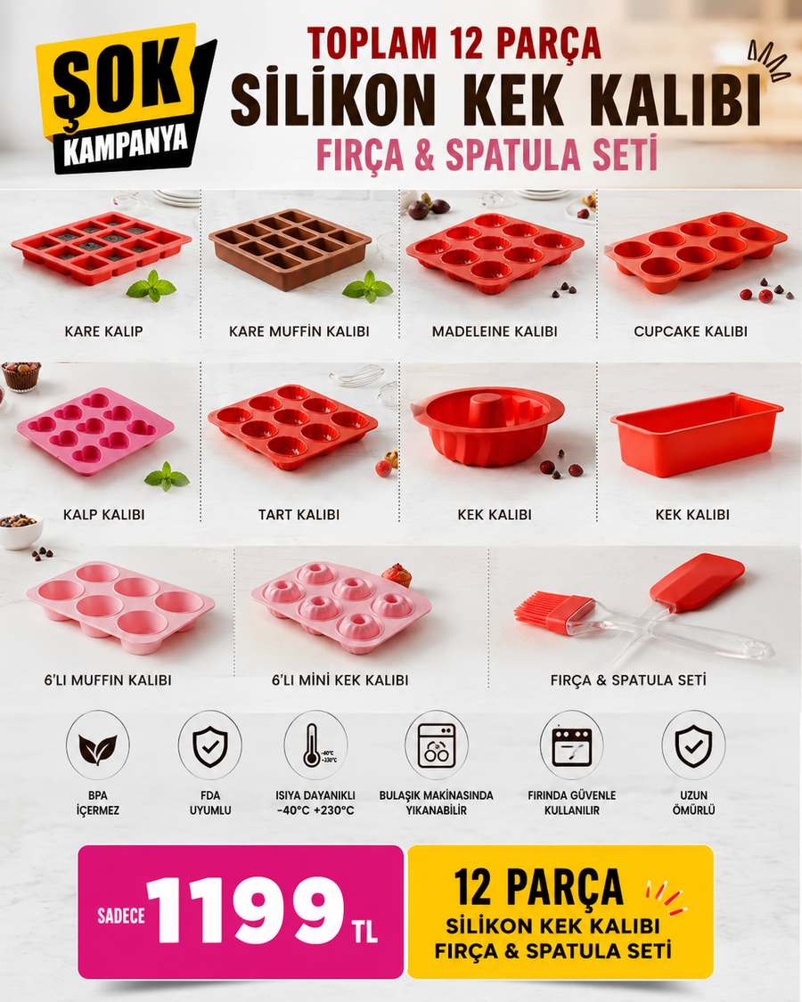 Full Set 12 Parça Profesyonel Silikon Kek Kalıbı Seti (15'li Baton, 12'li Baton, 12'li Deniz Kabuğu, 9'lu Yarım Küre, 9'lu Kalp, 9'lu Tartolet, 1 Adet Büyük Şef, 1 Adet Mini Baton, 6'lı Küçük Şef Mini, 6'lı Düz Muffin, 1 Adet Fırça, 1 Adet Spatula)