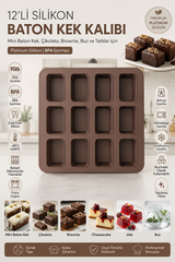 12'li Silikon Baton Kek Kalıbı 25x25x3 cm | Platinum Silikon Mini Baton Kek, Brownie, Çikolata, Cheesecake, Granola Bar, Buz ve Tatlı Kalıbı | BPA İçermez