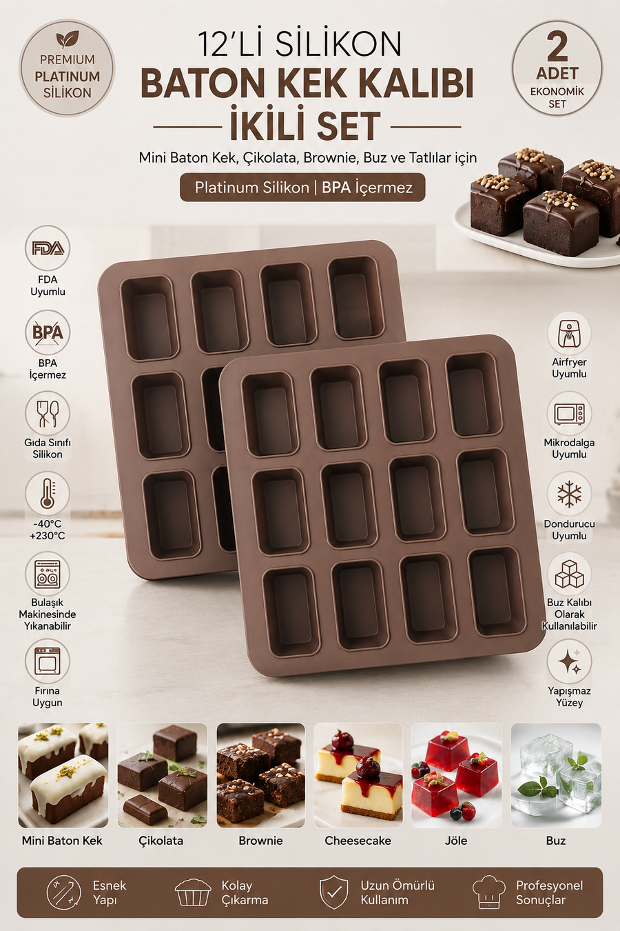 2 Adet 12'li Silikon Baton Kek Kalıbı 25x25x3 cm | Platinum Silikon Mini Baton Kek, Brownie, Çikolata, Cheesecake, Granola Bar, Buz ve Tatlı Kalıbı | BPA İçermez
