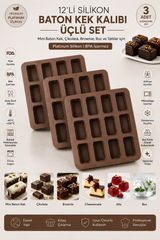 3 Adet 12'li Silikon Baton Kek Kalıbı 25x25x3 cm | Platinum Silikon Mini Baton Kek, Brownie, Çikolata, Cheesecake, Granola Bar, Buz ve Tatlı Kalıbı | BPA İçermez