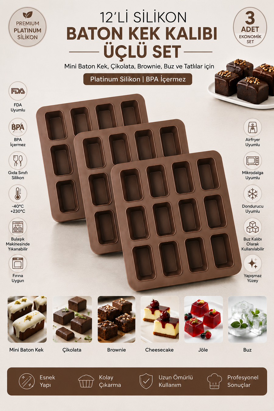 3 Adet 12'li Silikon Baton Kek Kalıbı 25x25x3 cm | Platinum Silikon Mini Baton Kek, Brownie, Çikolata, Cheesecake, Granola Bar, Buz ve Tatlı Kalıbı | BPA İçermez