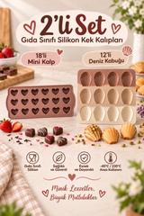 2 Model Set Silikon Kek Kalıbı (12'li Deniz Kabuğu ve 18'li Mini Kalp) Kek ve Çikolata Kalıbı