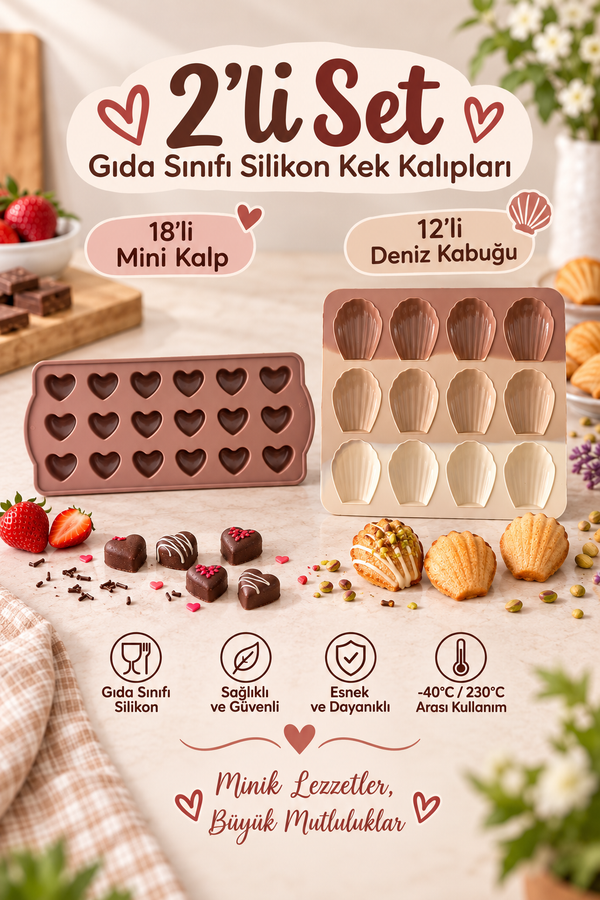 2 Model Set Silikon Kek Kalıbı (12'li Deniz Kabuğu ve 18'li Mini Kalp) Kek ve Çikolata Kalıbı