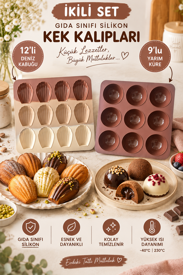2 Model Set Silikon Kek Kalıbı (12'li Deniz Kabuğu ve 9'lu Yarım Küre) Kek ve Çikolata Kalıbı