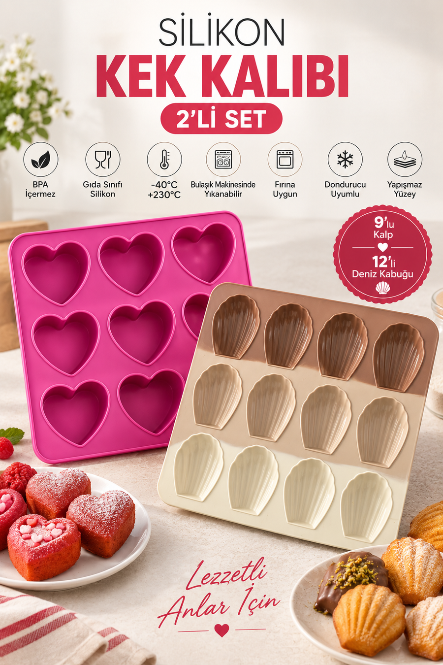 2 Model Set Silikon Kek Kalıbı (12'li Deniz Kabuğu ve 9'lu Kalp) Kek ve Çikolata Kalıbı