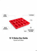 15 Gözlü Silikon Baton Buz Kalıbı - Platinum Silikon & Kolay Çıkarılabilir