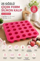 3 Adet 25 Gözlü Çiçek Form Silikon Kek Kalıbı 5x5 Dizilim Pembe Çikolata Buz ve Mini Tatlı Kalıbı