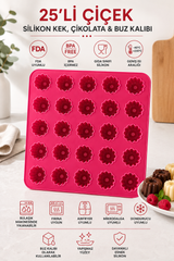 3 Adet 25 Gözlü Çiçek Form Silikon Kek Kalıbı 5x5 Dizilim Pembe Çikolata Buz ve Mini Tatlı Kalıbı