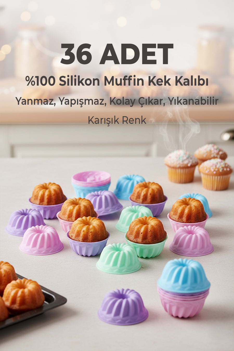 BakeMuff 36 Adet Silikon Muffin ve Mini Kek Kalıbı, Yapışmaz, Isıya Dayanımlı, BPA’sız - Karışık Renk
