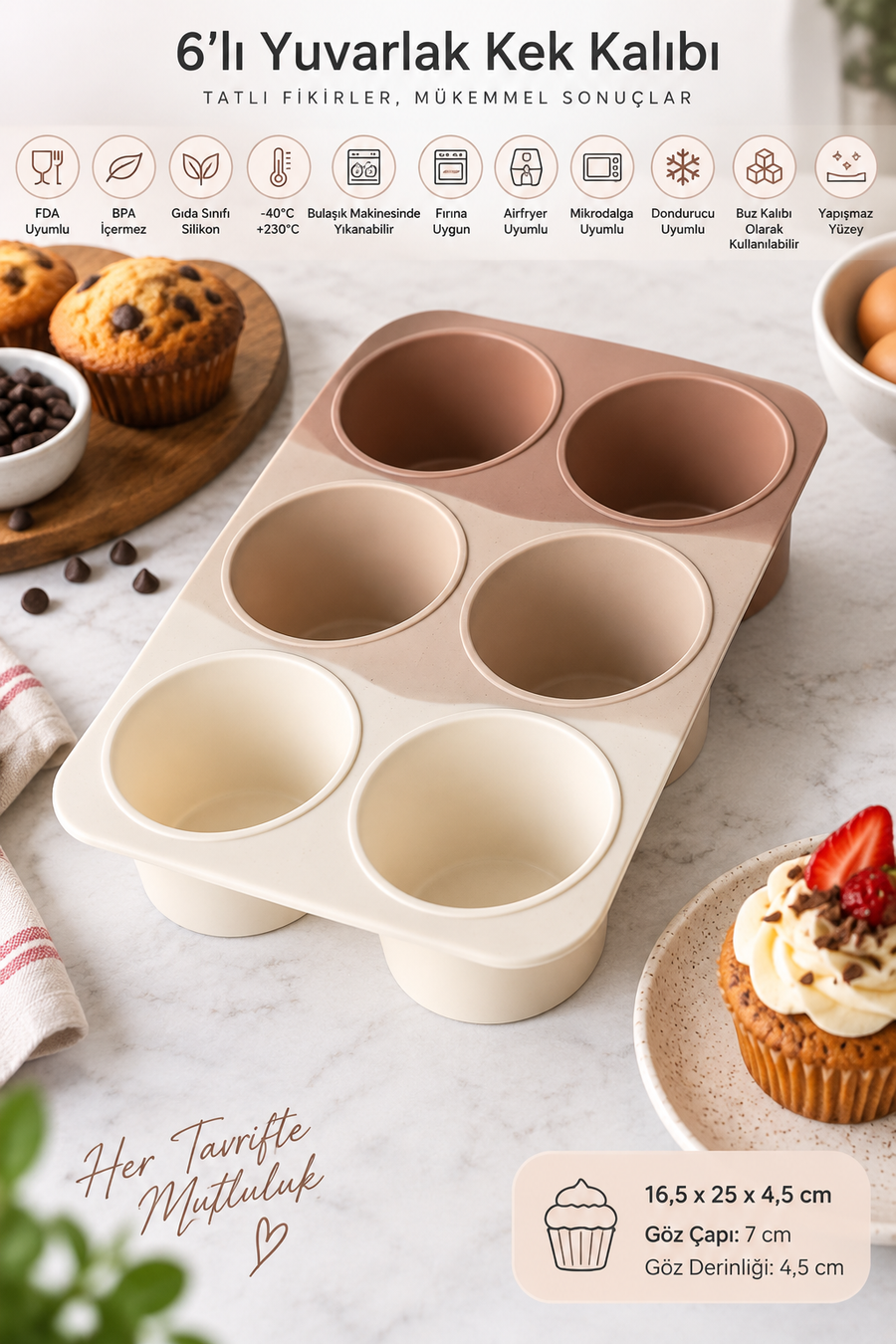 6’lı Yuvarlak Silikon Kek Kalıbı 173 ml Muffin, Sufle, Puding, Çikolata ve Tatlı Kalıbı