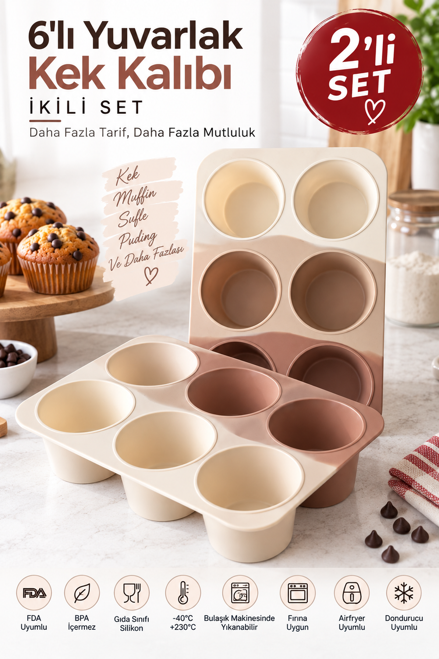 2 Adet 6’lı Yuvarlak Silikon Kek Kalıbı 173 ml Muffin, Sufle, Puding, Çikolata ve Tatlı Kalıbı