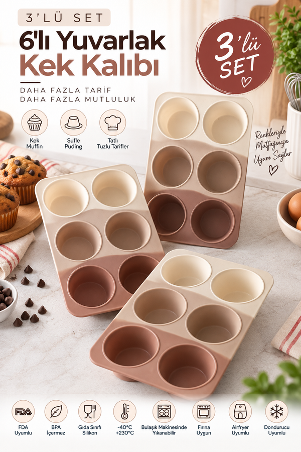 3 Adet 6’lı Yuvarlak Silikon Kek Kalıbı 173 ml Muffin, Sufle, Puding, Çikolata ve Tatlı Kalıbı