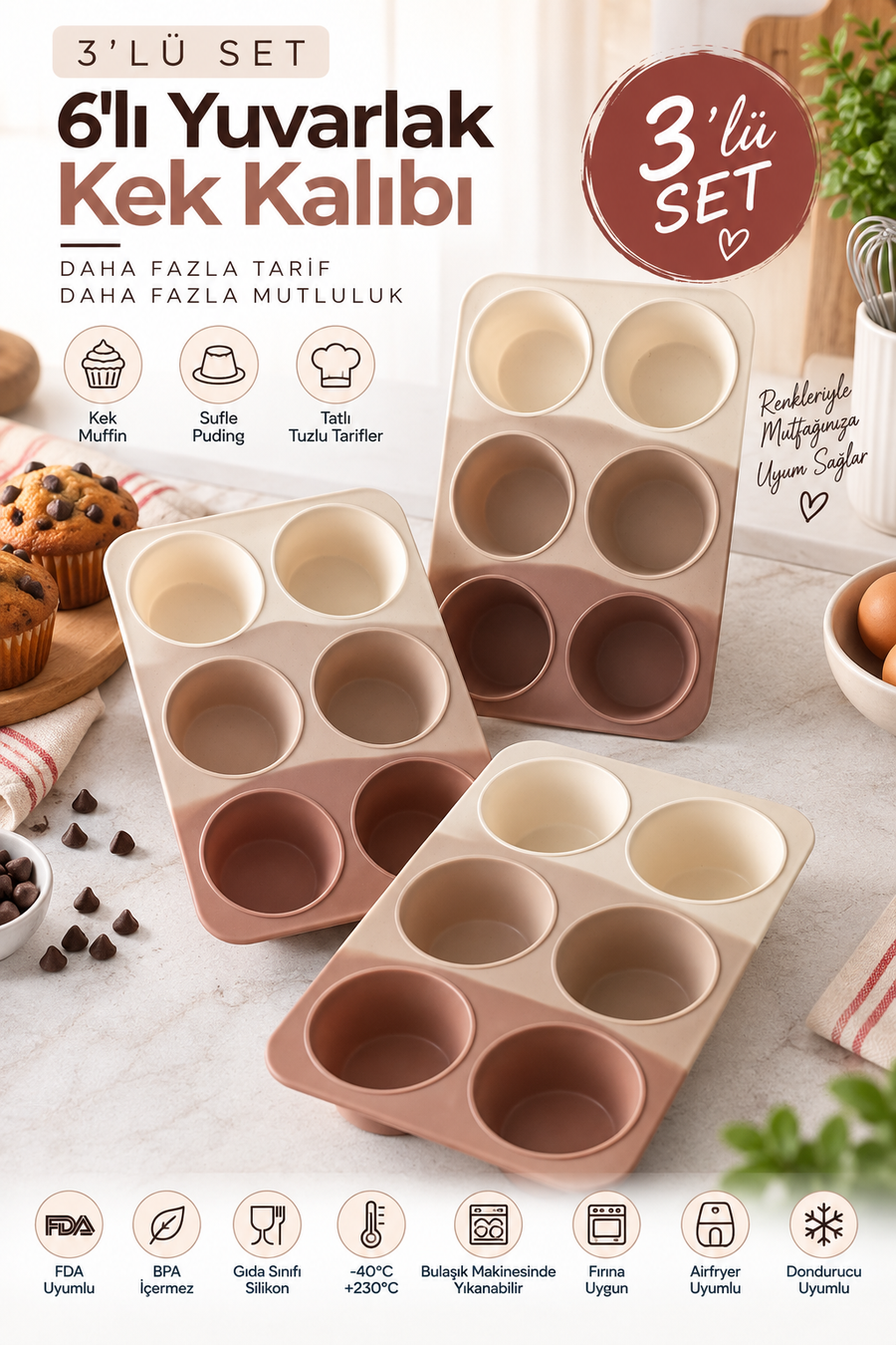 3 Adet 6’lı Yuvarlak Silikon Kek Kalıbı 173 ml Muffin, Sufle, Puding, Çikolata ve Tatlı Kalıbı