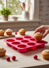9 Bölmeli Silikon Tartolet ve Muffin Kek Kalıbı - Yapışmaz Çiçek Formlu Pişirme Seti