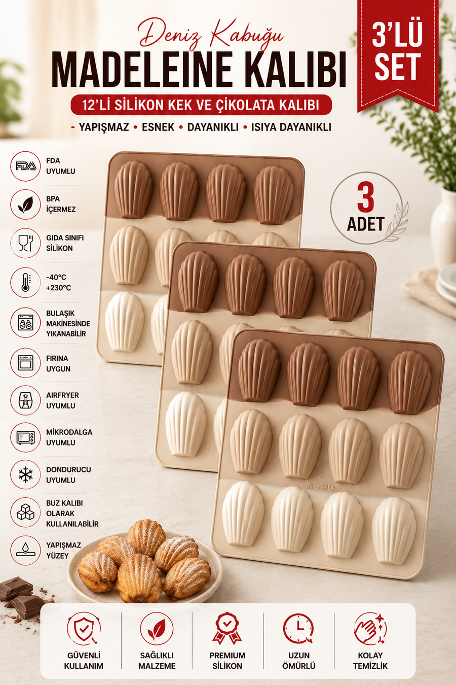 3 Adet 12’li Silikon Deniz Kabuğu Madeleine Kalıbı – Yapışmaz Kek, Çikolata ve Pralin Kalıbı | BPA Free, Isıya Dayanıklı