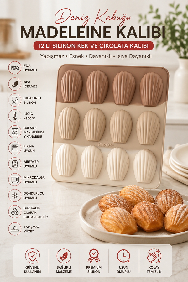 12’li Silikon Deniz Kabuğu Madeleine Kalıbı – Yapışmaz Kek, Çikolata ve Pralin Kalıbı | BPA Free, Isıya Dayanıklı