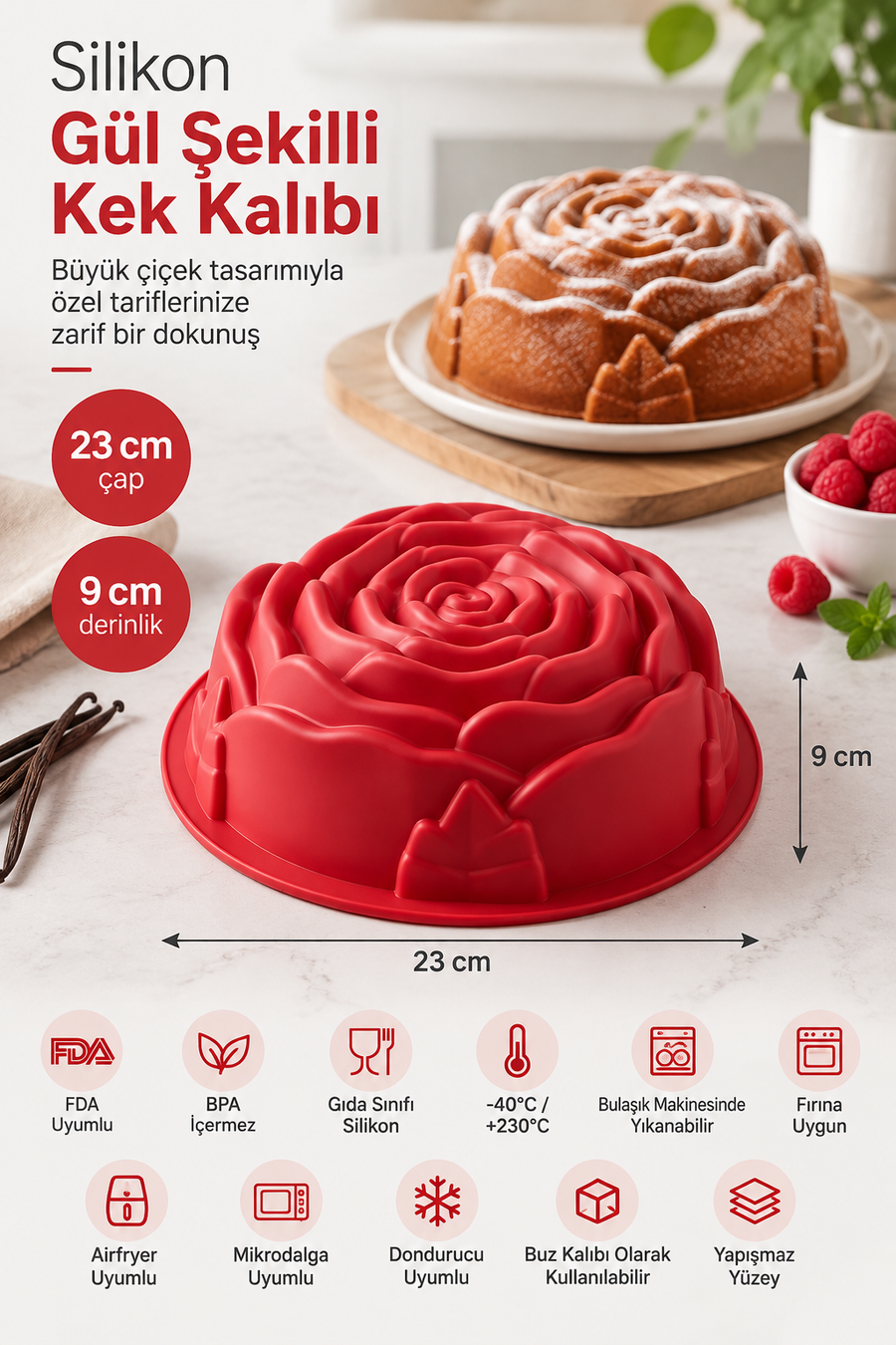 Tekli Silikon Büyük Gül Şekilli Kek Kalıbı 23 cm x 9 cm – Yapışmaz Isıya Dayanıklı Büyük Çiçek Kek ve Pasta Kalıbı