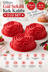 3 Adet Silikon Büyük Gül Şekilli Kek Kalıbı 23 cm x 9 cm – Yapışmaz Isıya Dayanıklı Büyük Çiçek Kek ve Pasta Kalıbı