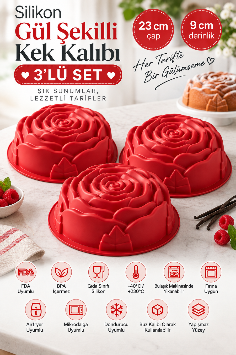 3 Adet Silikon Büyük Gül Şekilli Kek Kalıbı 23 cm x 9 cm – Yapışmaz Isıya Dayanıklı Büyük Çiçek Kek ve Pasta Kalıbı