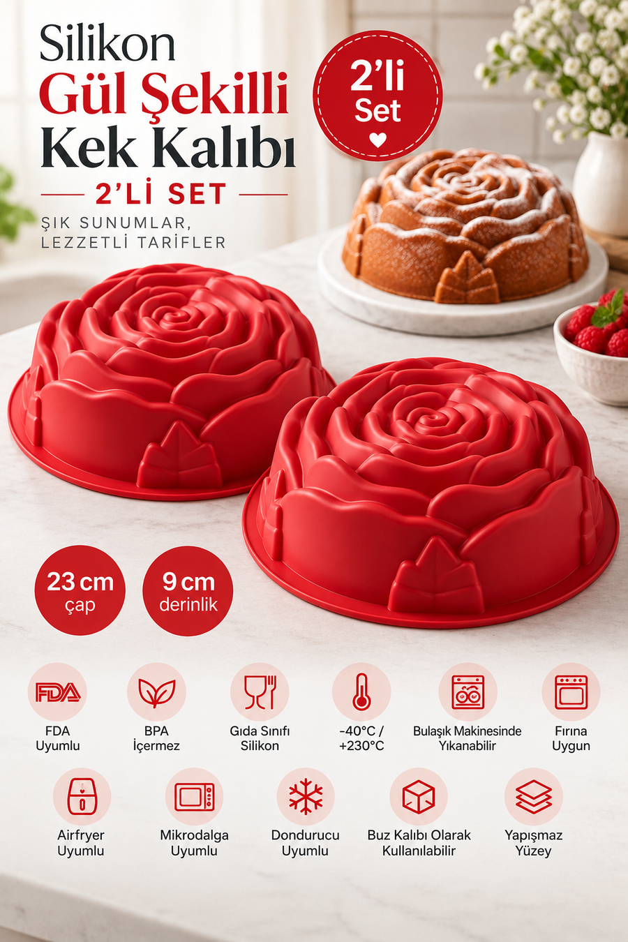 2 Adet Silikon Büyük Gül Şekilli Kek Kalıbı 23 cm x 9 cm – Yapışmaz Isıya Dayanıklı Büyük Çiçek Kek ve Pasta Kalıbı