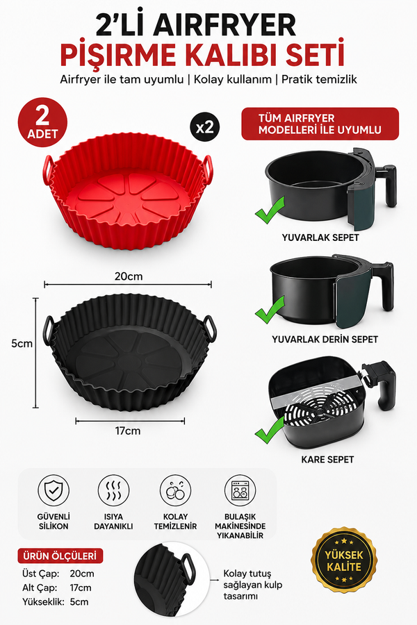 2'li Airfryer Silikon Pişirme Kalıbı Seti - Yanmaz Yapışmaz Isıya Dayanıklı Hava Fritözü Aksesuarı (20 cm)