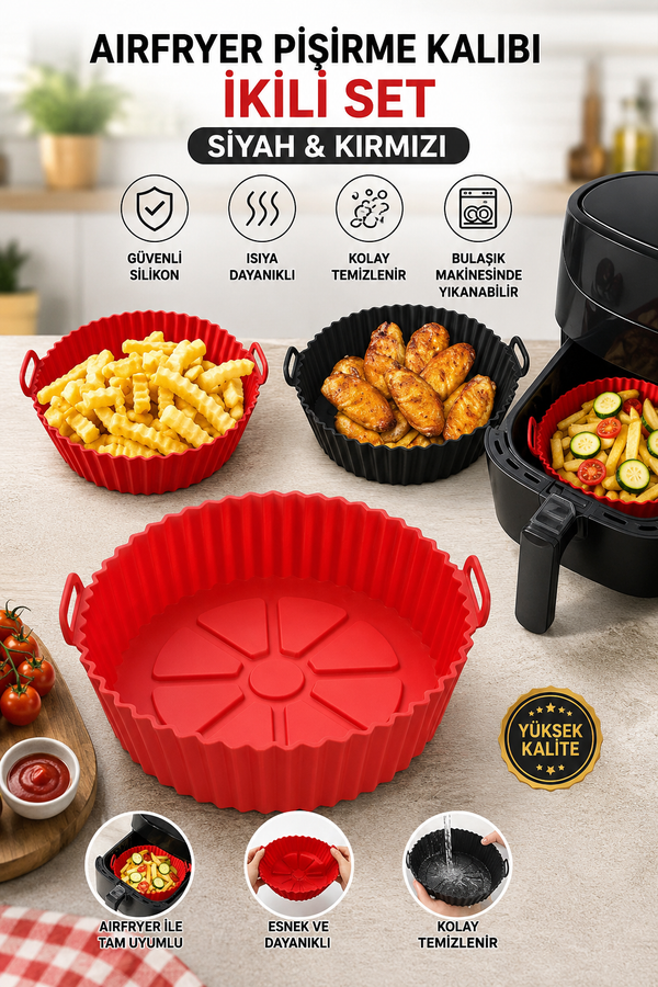 2 Adet Airfryer Silikon Pişirme Kabı - Yanmaz Yapışmaz Isıya Dayanıklı Hava Fritözü Aksesuarı (20 cm) Kırmızı