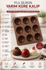 3 Adet 9'lu Silikon Yarım Küre Kalıp Tekli | Yapışmaz Mousse, Çikolata, Mini Kek ve Tatlı Kalıbı | BPA İçermez | 25x25 cm