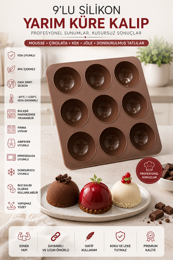 9'lu Silikon Yarım Küre Kalıp Tekli | Yapışmaz Mousse, Çikolata, Mini Kek ve Tatlı Kalıbı | BPA İçermez | 25x25 cm