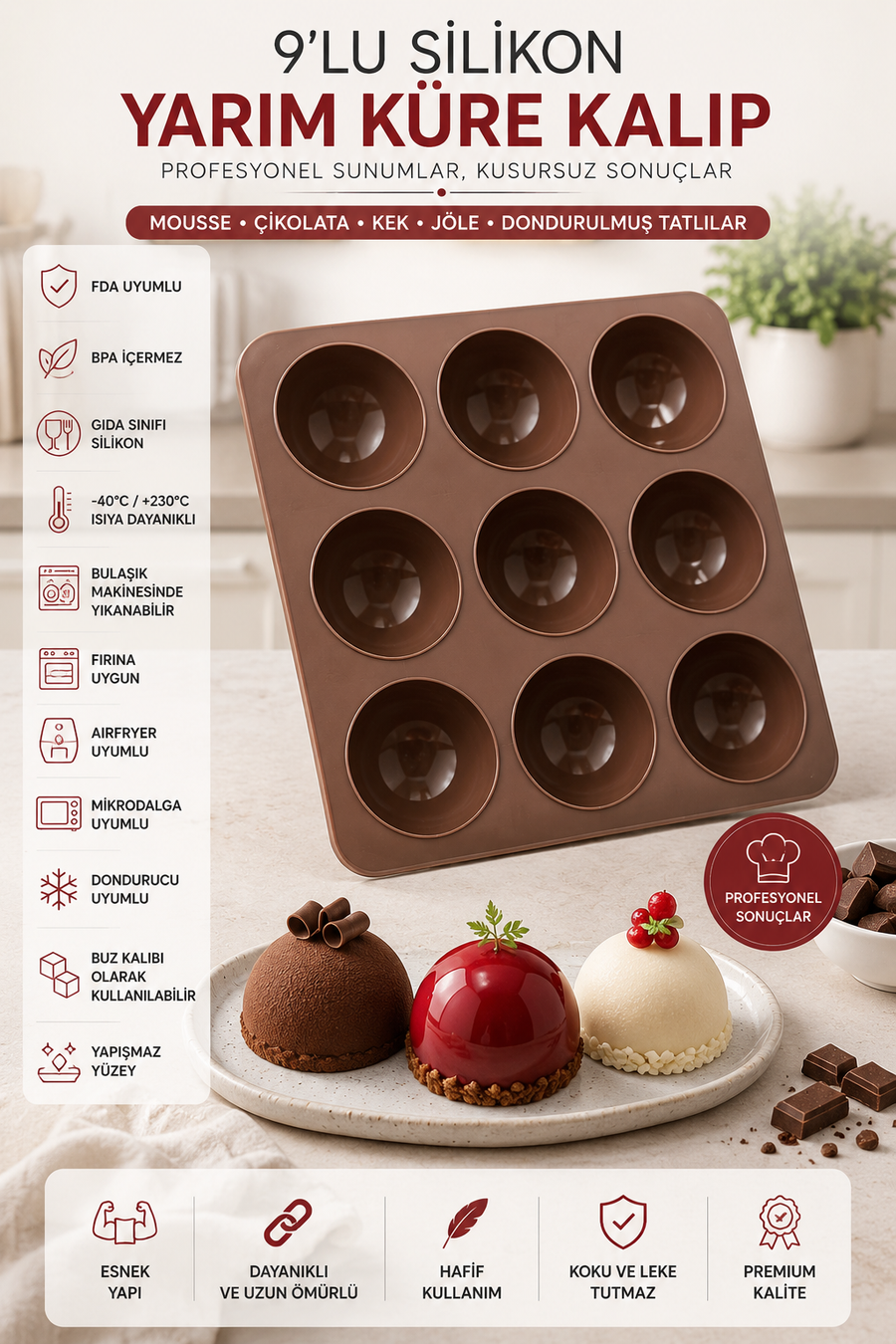 9'lu Silikon Yarım Küre Kalıp Tekli | Yapışmaz Mousse, Çikolata, Mini Kek ve Tatlı Kalıbı | BPA İçermez | 25x25 cm