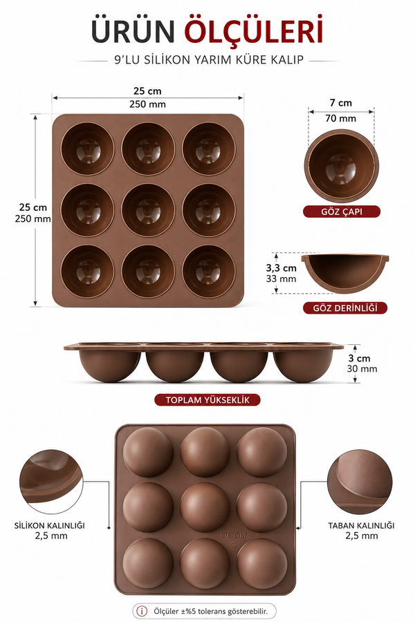 2 Adet 9'lu Silikon Yarım Küre Kalıp | Yapışmaz Mousse, Çikolata, Mini Kek ve Tatlı Kalıbı | BPA İçermez | 25x25 cm