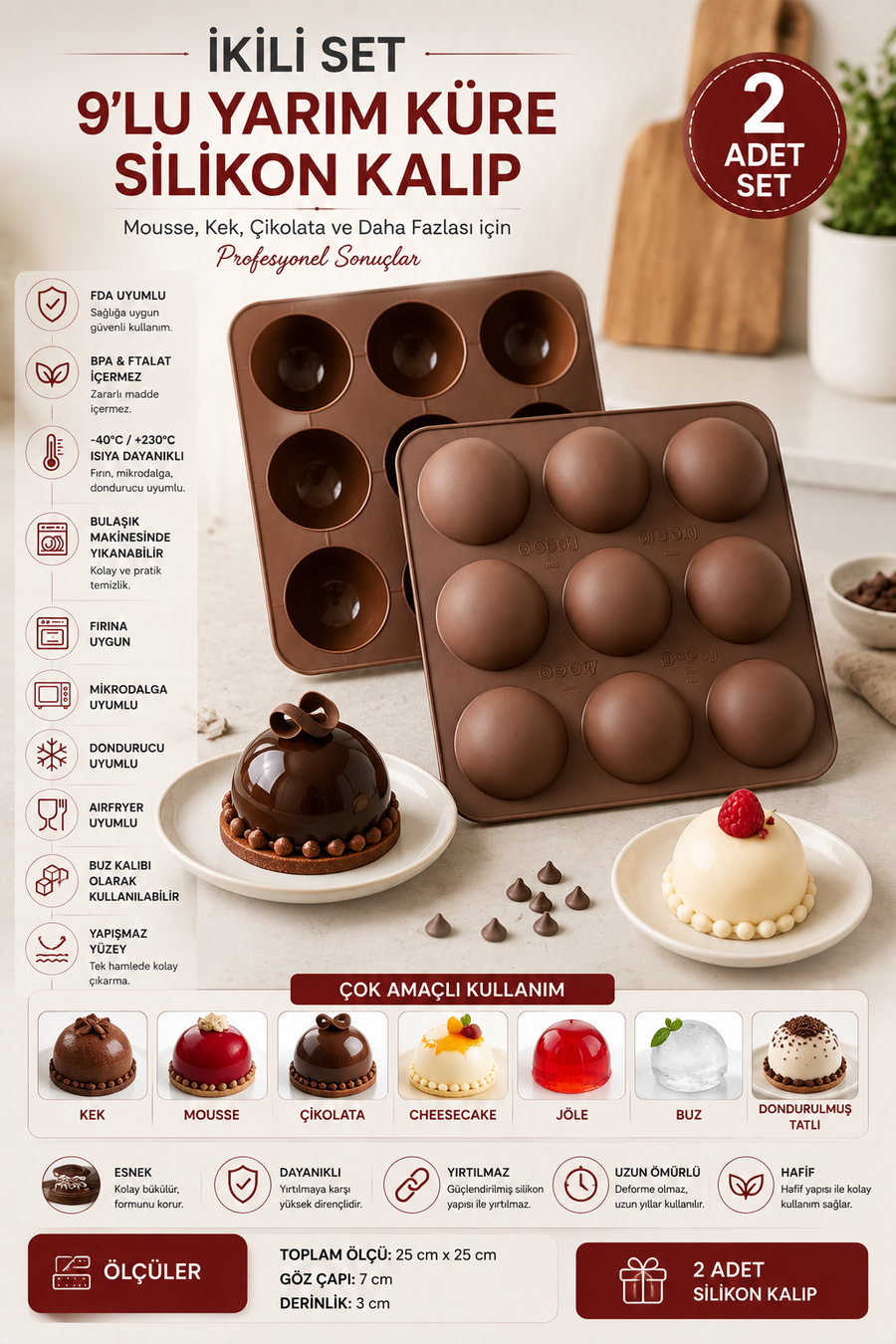 2 Adet 9'lu Silikon Yarım Küre Kalıp | Yapışmaz Mousse, Çikolata, Mini Kek ve Tatlı Kalıbı | BPA İçermez | 25x25 cm