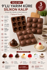 3 Adet 9'lu Silikon Yarım Küre Kalıp Tekli | Yapışmaz Mousse, Çikolata, Mini Kek ve Tatlı Kalıbı | BPA İçermez | 25x25 cm