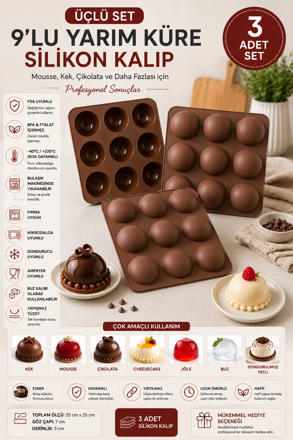 3 Adet 9'lu Silikon Yarım Küre Kalıp Tekli | Yapışmaz Mousse, Çikolata, Mini Kek ve Tatlı Kalıbı | BPA İçermez | 25x25 cm
