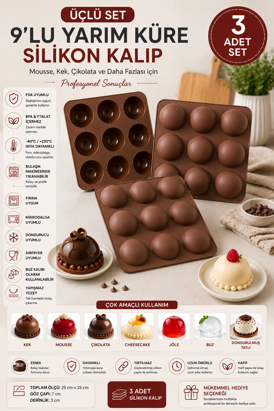 3 Adet 9'lu Silikon Yarım Küre Kalıp Tekli | Yapışmaz Mousse, Çikolata, Mini Kek ve Tatlı Kalıbı | BPA İçermez | 25x25 cm