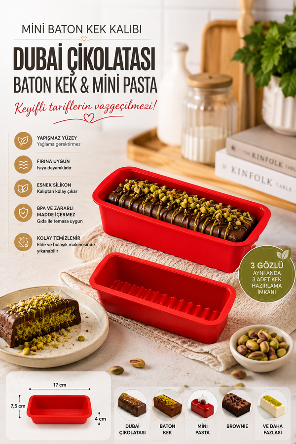 Tekli Mini Baton Kek ve Dubai Çikolatası Kalıbı Silikon – Yapışmaz Baton Kek, Mini Pasta ve Çikolata Kalıbı BPA İçermez