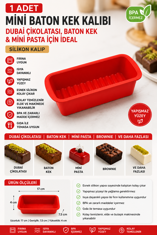 2 Adet Mini Baton Kek ve Dubai Çikolatası Kalıbı Silikon – Yapışmaz Baton Kek, Mini Pasta ve Çikolata Kalıbı BPA İçermez