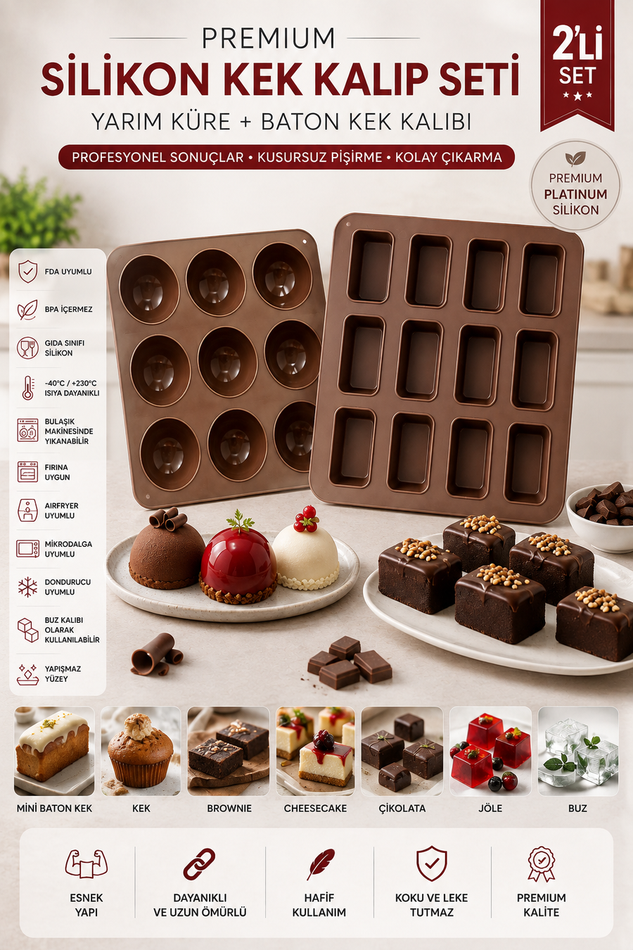 2 Model Set Silikon Kek Kalıbı (9'lu Yarım Küre ve 12'li Baton) Kek ve Çikolata Kalıbı
